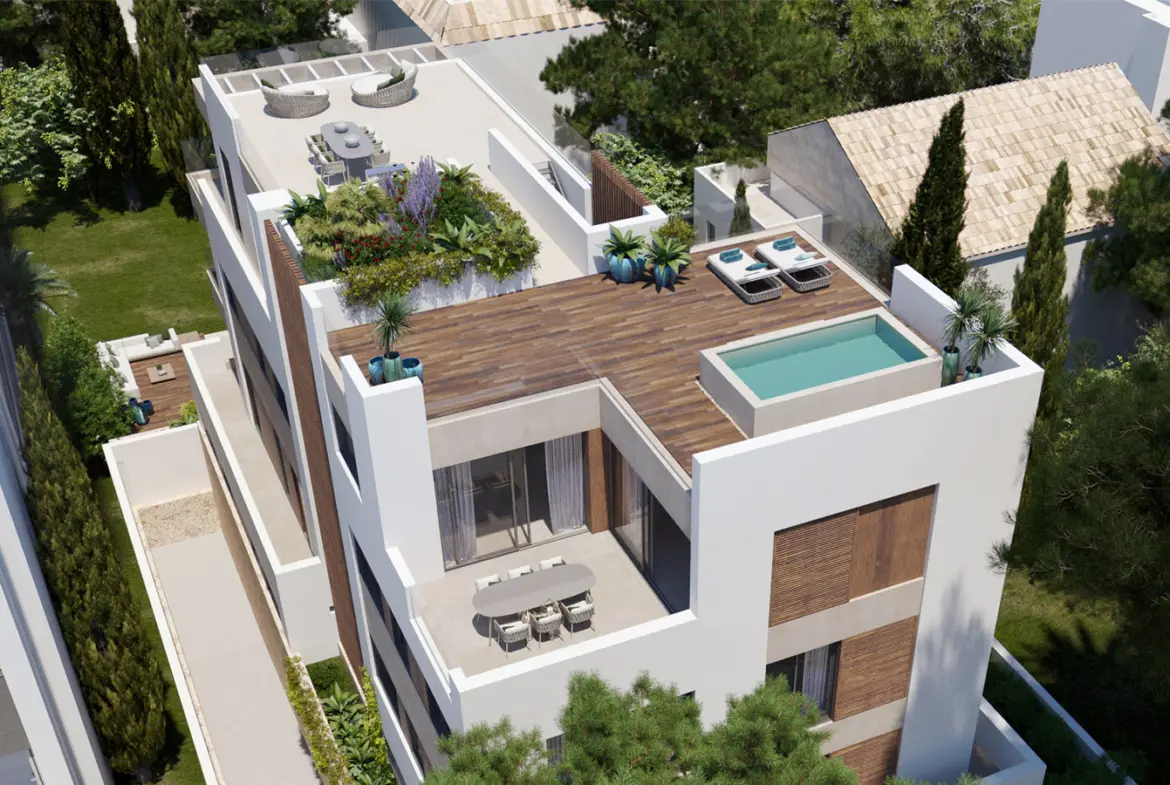 Penthouse Rooftop at Bellver Oaks – Imagine your private oasis with space for a pergola, sun loungers, and a full outdoor kitchen. Perfect for enjoying Mallorca’s skyline in style.