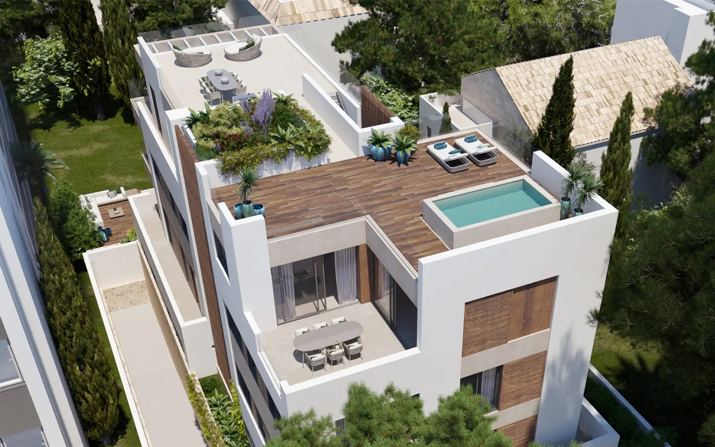 Penthouse Rooftop at Bellver Oaks – Imagine your private oasis with space for a pergola, sun loungers, and a full outdoor kitchen. Perfect for enjoying Mallorca’s skyline in style.